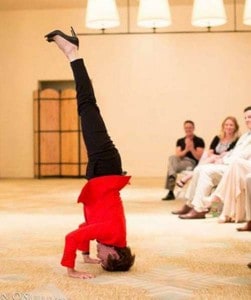 Joan Frances Moran performing a headstand