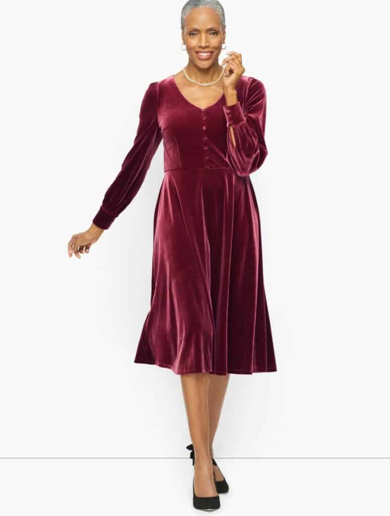 Talbot’s Billow Sleeve Fit and Flare velvet dress