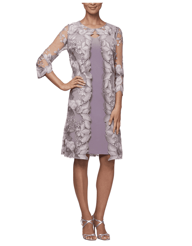 Midi Length Embroidered Lace Mock Jacket with Jersey Dress