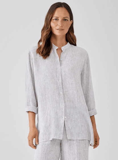 Striped Organic Linen Crinkle Mandarin Collar Shirt