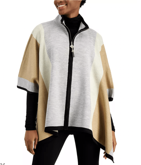 ANNE KLEIN Colorblock Zip-Front Poncho Sweater