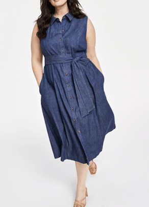 ANNE KLEIN Plus Size Denim Belted Sleeveless Shirtdress from Macy’s