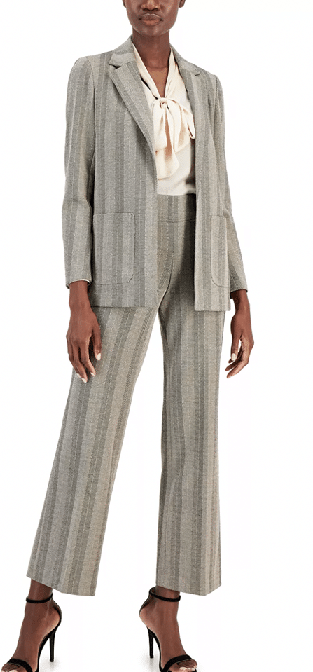 ANNE KLEIN Chevron Knit Pull-On Pants, Tie-Neck Blouse & Open-Front Blazer