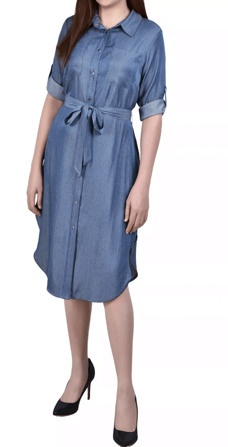 NY COLLECTION Petite 3/4 Roll Tab Sleeve Denim Dress