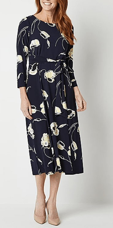 Black Label by Evan-Picone 3/4 Sleeve Floral Midi Fit + Flare Dress