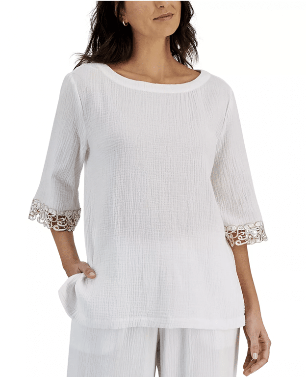 JM COLLECTION Boat-Neck 3/4-Sleeve Gauze Top, Created for Macy's