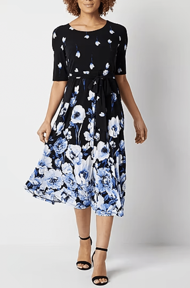 Black Label by Evan-Picone Short Sleeve Floral Midi Fit + Flare Dress at JCPenny