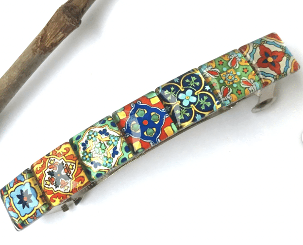 Glass Hair Barrette with Spanish Tile Designs from Etsy