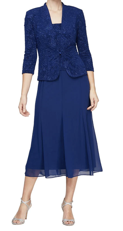 Glitter Jacquard Knit Jacket Dress with Tea-Length Mesh Skirt from Alex Evenings