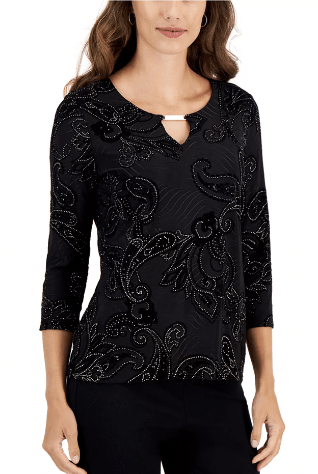 JM COLLECTION Petite Paisley Glitter Jacquard Keyhole Top, Created for Macy's
