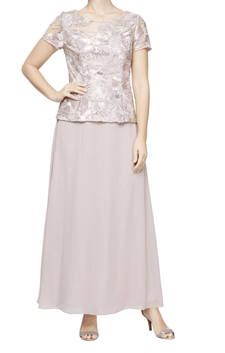 Soutache Lace Bodice Dress with Illusion Neckline and A-Line Chiffon Skirt from Alex Evenings